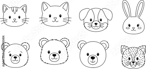 A set of cute animal faces drawn in black and white on a plain background