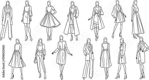 A collection of fashion sketches featuring various outfits and poses of women in different styles and attire.