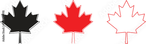 Three variations of the maple leaf symbol depicted in black, red, and outlined styles. Vector