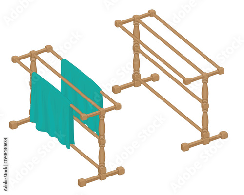 Vector illustration design of a wooden towel rack which is usually used to dry or store towels and clothes.