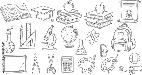 A collection of educational icons and school supplies on a white background