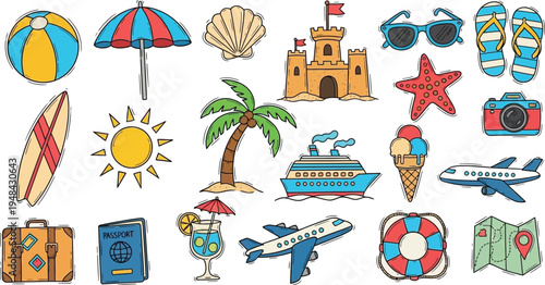 A colorful illustration of various summer vacation icons and travel symbols on a plain background