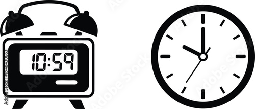 Analog and digital alarm clock icons showing time 10:59 and a plain clock face. Vector