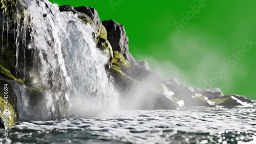 Majestic Waterfall Cascading Down Rocky Cliffs into Turbulent Waters.