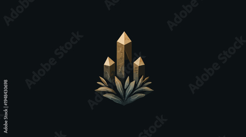 A dark logo displays three stylized crystals rising above leaves, set on a dark background
