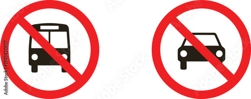 Prohibited vehicles signage for buses and cars on a roadway. Vector