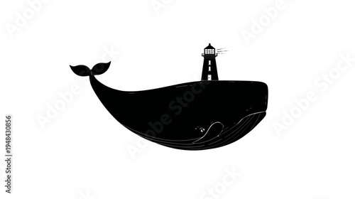 Black and white illustration of a whale with a lighthouse on its back against a white background