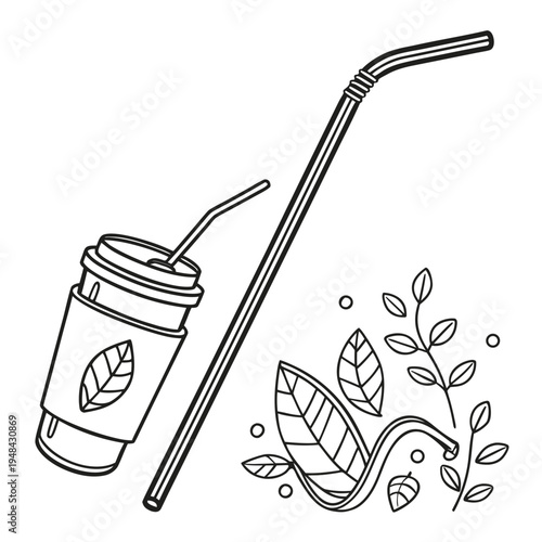 Black and white of reusable straw and cup with leaves eco-friendly