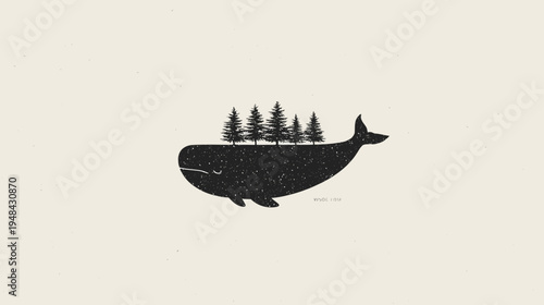 A stylized illustration features a whale silhouette with evergreen trees on its back against a textured background