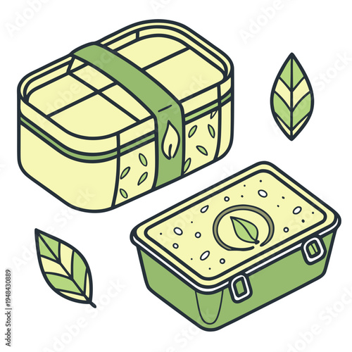 Green lunch boxes with leaves on white background eco-friendly