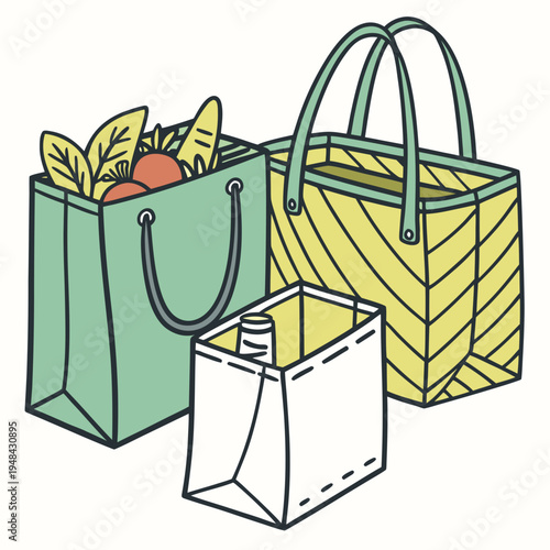 Colorful reusable shopping bags with groceries colorful bags eco-friendly sustainable