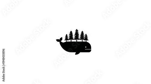 A simple silhouette illustration of a whale with forest trees on its back. Black graphic art