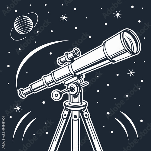 White of a telescope on a tripod in a starry sky stars space astronomy