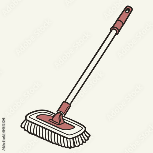 Red and white push broom on white background cleaning