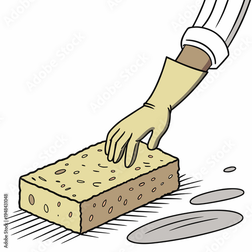 Hand in yellow glove holding a sponge with water droplets