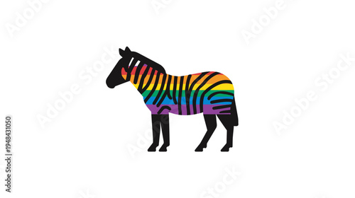 A cartoon zebra, with rainbow-colored stripes, stands against a white background