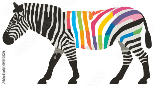 A zebra with a colorful pattern. It has stripes in multiple bright colours across its body