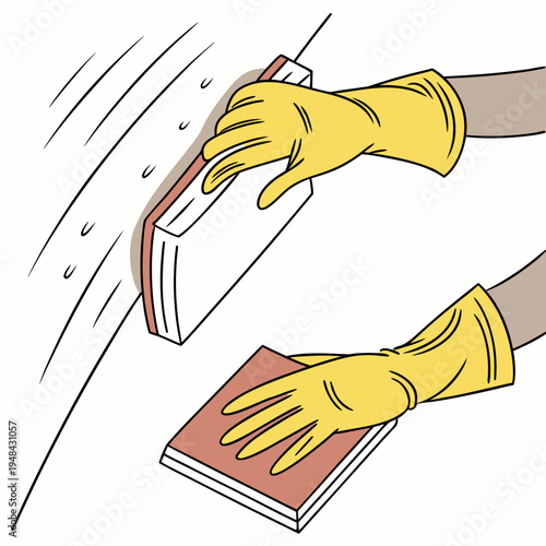 Hands wearing yellow gloves holding sponges on white background cleaning