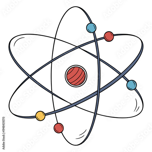 Colorful atom model with orbiting electrons and a nucleus