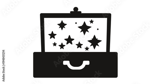 A black suitcase with a glass top filled with stars in different sizes and shapes