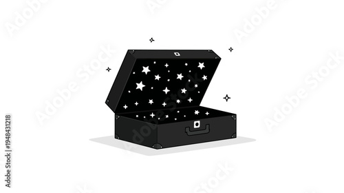 A black open suitcase with a starry night interior is depicted against a clean white background