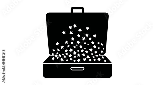 A black suitcase, open to reveal a cascade of white stars spilling from within.