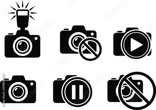 Collection of camera icons with various photography and video recording functions highlighted Vector