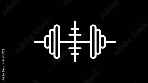 A stark white outline of a barbell centered on a solid black background. Minimalist design