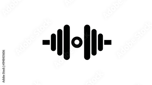 A stark black and white icon depicting a barbell centered, representing exercise, fitness, and strength