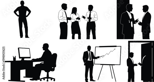 Business people silhouettes set, office meeting discussion presentation teamwork corporate workers communication collaboration workplace strategy planning professional teamwork concept illustration