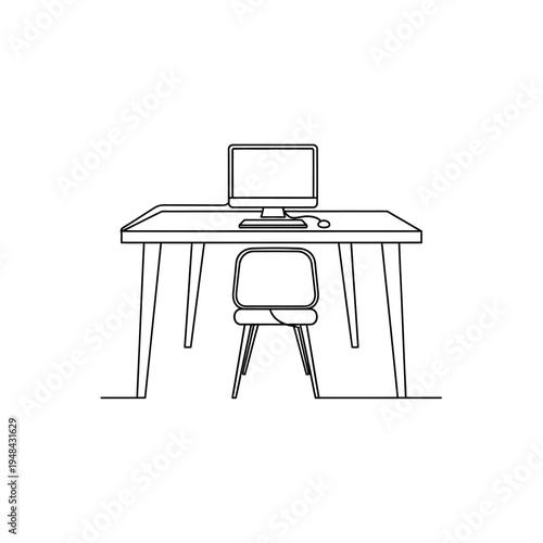Office desk with chair and computer.