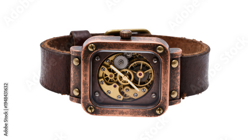 Obraz na płótnie Vintage steampunk wristwatch with exposed brass gears and distressed copper case