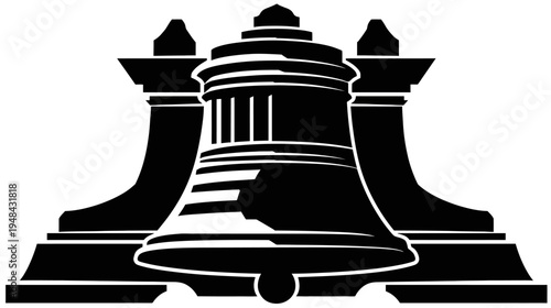 A stark black and white rendering of a bell-like structure with supporting pillars and a finial