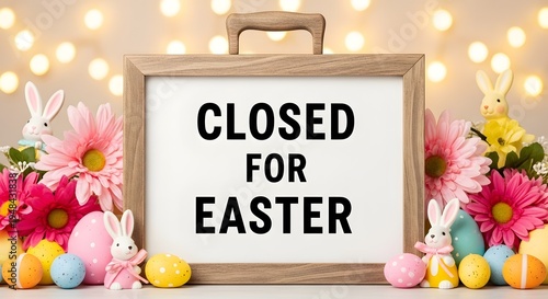 Easter holiday closed sign with colorful flowers and eggs