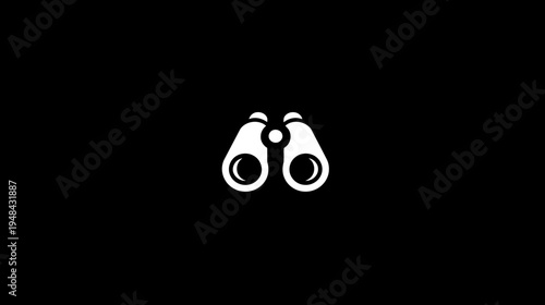A white illustration of binoculars is centered on a black background, simple and clear