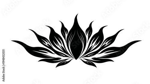 Stylized black and white illustration of a symmetrical floral design on a clean white background