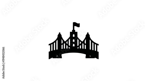 A silhouette of a bridge with a central tower and flag. The style is minimalist and graphic