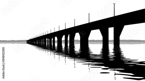 A stark monochrome image of a long bridge spanning water, reflecting perfectly below