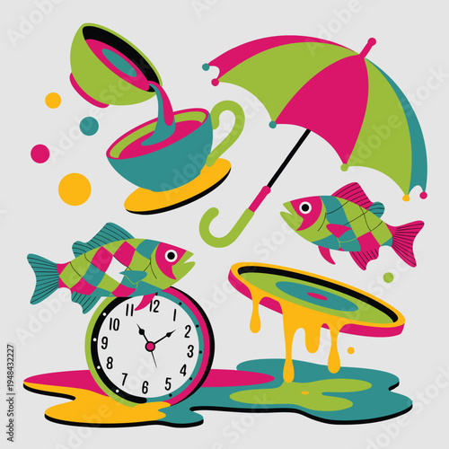 A surreal composition featuring a teacup umbrella fish clock and melting shapes in vivid colors