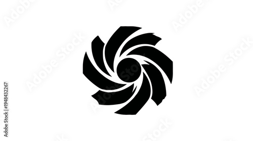 Black swirling graphic on white background, composed of radiating curved elements around a central circle