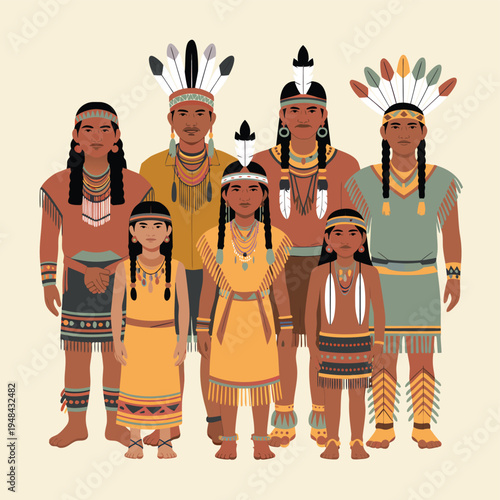 A group of indigenous people are depicted wearing traditional headdresses and clothing high quality