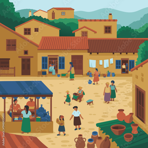 A vibrant illustration depicts a bustling mediterranean village scene with people and traditional architecture