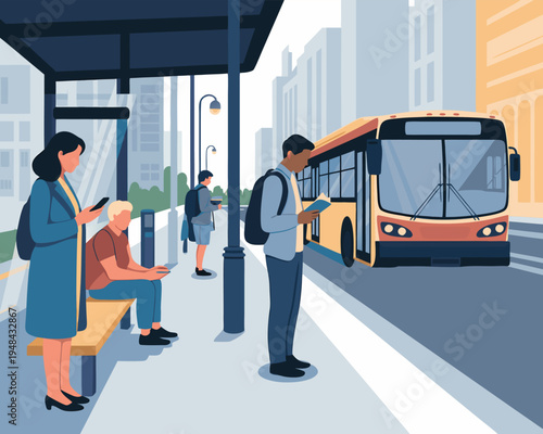 People are waiting at a brightly colored bus stop in a modern urban city environment