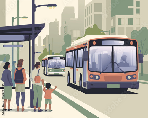 A colorful illustration depicts a city bus stop with waiting passengers and approaching buses
