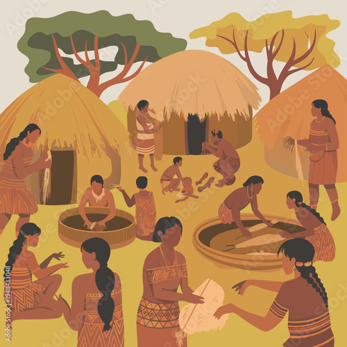 An illustration depicts a native village scene with people engaged in daily activities and thatched dwellings