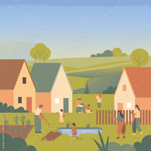 A vibrant illustration depicts a community garden scene with people tending to plants and enjoying leisure