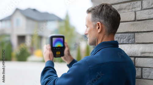 Anonymous male worker holding a thermal imaging camera up to scan an exterior residential wall during a home inspection, heat loss patterns visible on screen, defocused suburban