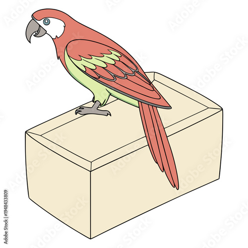 Red parrot perched on beige box green bird