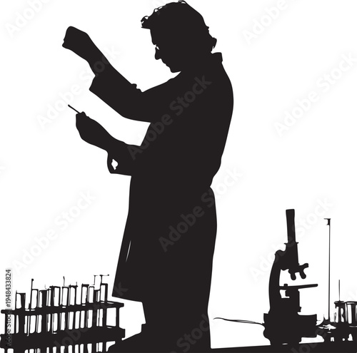 Silhouette of a scientist examining a specimen under a microscope in a laboratory