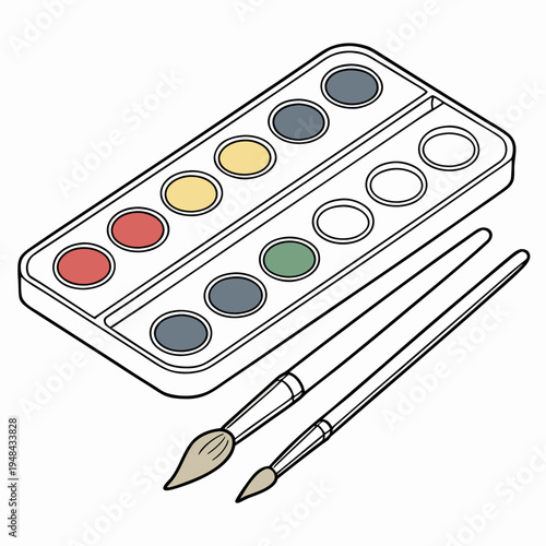 Watercolor paints and brushes cartoon white background